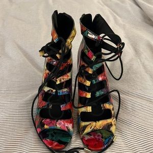 Multi-Colored 4 inch lace up open toed heels size 9